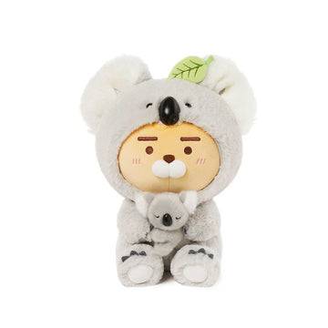 Plush toy koala holding a smaller koala plush toy on a white background