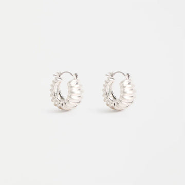 Silver hoop earrings on a white background.