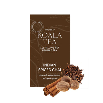 An image of a brown tea box with white writing sitting behind some spices.