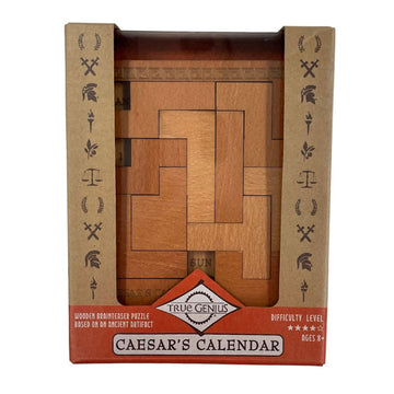 A brown cardboard box with a window on the front showing a wooden maze puzzle inside.