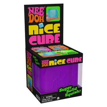 A squeeze toy in the shape of a purple cube inside a box with the heading 'Nee Doh Nice Cube'.