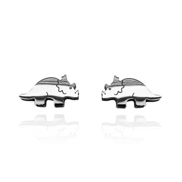 A pair of silver stud earrings shaped like triceratops.