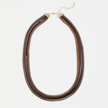 Necklace with bronze strands on a white background.