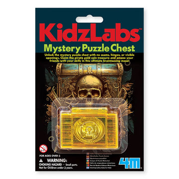 A gold chest inside clear packaging attached to a card with the heading 'KidzLabs Mystery Puzzle Chest'.
