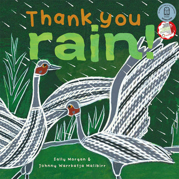 Book cover of 'Thank you rain!' with illustrations of birds and text on a green background.