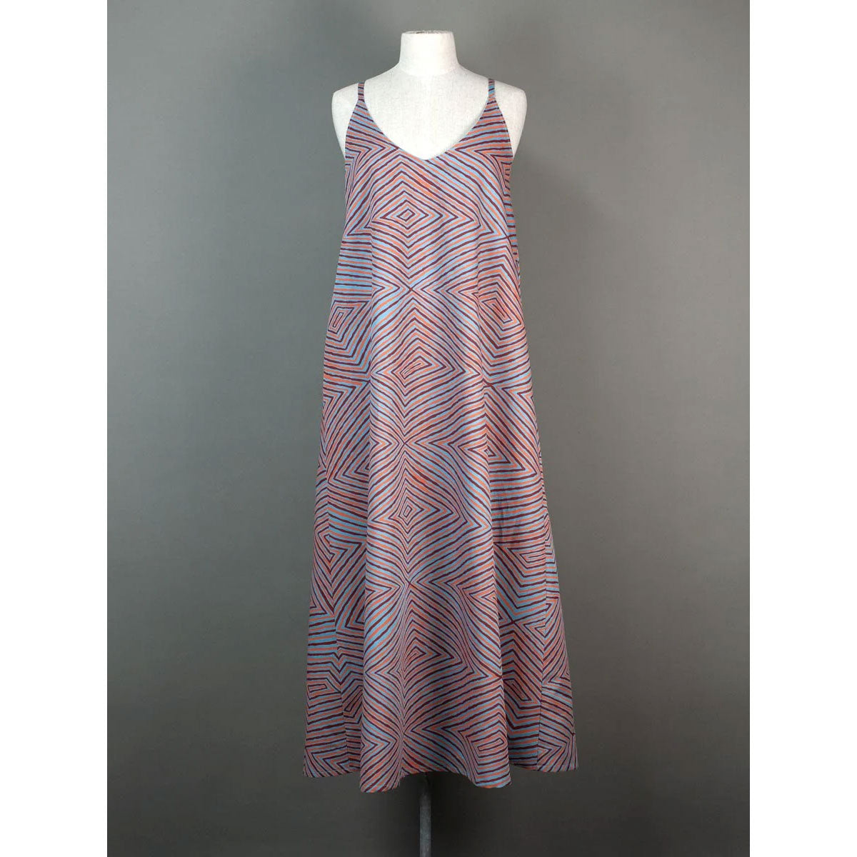 Anita Dress Papa Tjukurrpa Blend on Blue Cotton/linen Blend - Ikuntji   National Museum Australia