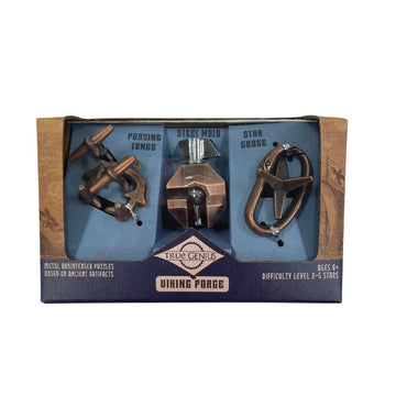 A box with three metal puzzles inside in different shapes.