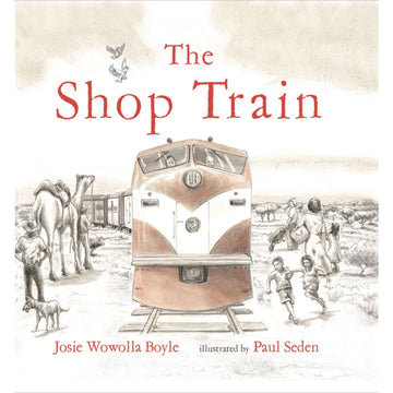 Book cover of 'The Shop Train' with illustration of a train and people around it.