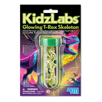 A test tube filled with dinosaur bones attached to a card with the text 'KidzLabs Glowing T Red Skeleton'.