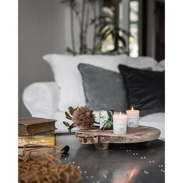 White candle with 'Southern Wild Co' branding next to its packaging on a white background.