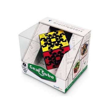 A cube shaped puzzle inside a clear box with the heading 'Gear Cube'.