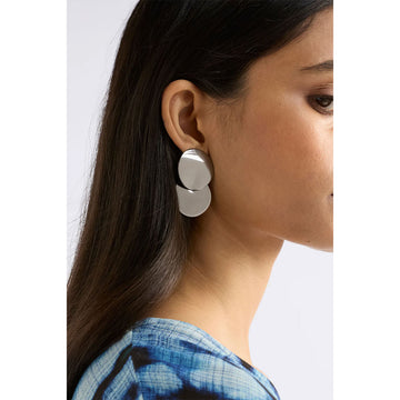 Pair of silver round earrings on a light gray background.
