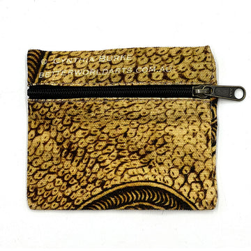 A small coin purse with a zip across the front and printed with artwork by Cynthia Burke.