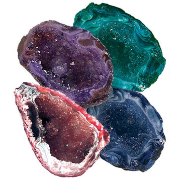 Four different coloured geode stones cut open to show the stones inside.