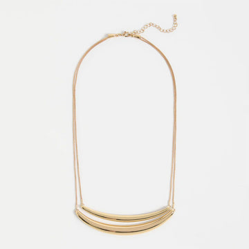 Gold necklace with multiple strands on a white background.
