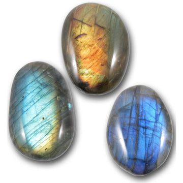 Three labradorite stones pictured, each in a different shade of blue or orange.