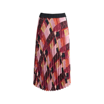 A pleated skirt printed with a red and pink pattern and black waistband.