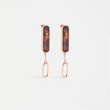 Pair of earrings with tortoiseshell design and rose gold accents on a white background.