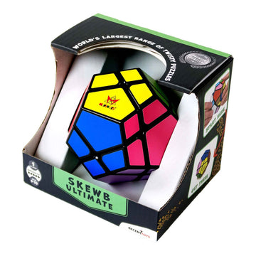 A pentagon shaped puzzle with a different colour on each side inside a box with a cut out on the front.