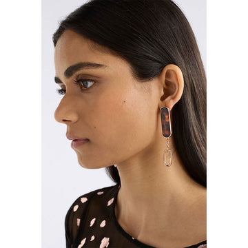 Pair of earrings with tortoiseshell design and rose gold accents on a white background.