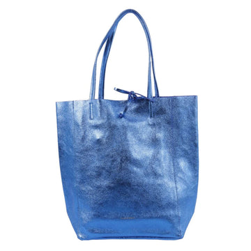 A large tote bag in electric blue metallic with a tie around the top middle.