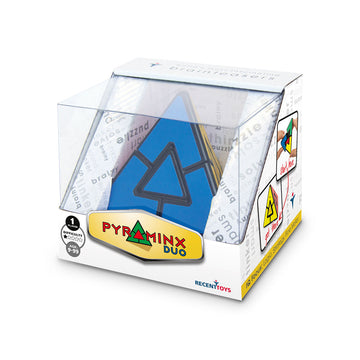 A triangle shaped puzzle with a different colour on each side inside a clear box.