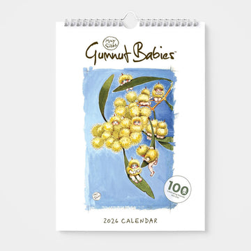 2026 calendar titled 'Gumnut Babies' with illustrations of babies and flowers on a blue background.