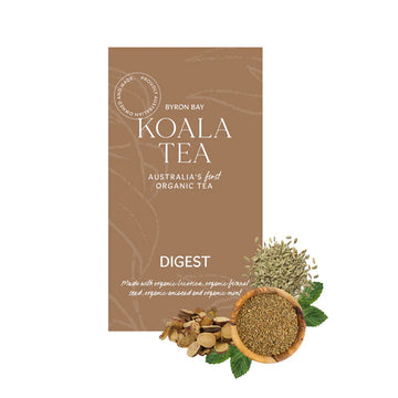 A light brown tea box with white writing  sitting behind a bowl of ground spices, some seeds, nuts and mint.