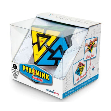 A diamond shaped puzzle with a different colour on each side inside a clear box.