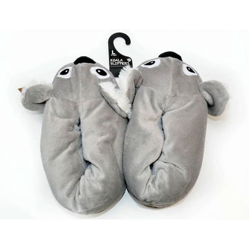 Stack of gray koala plush slippers with black noses on a white background.