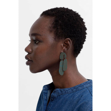 A pair of drop earrings in olive green with blue speckles in an arch shape.