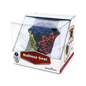 A clear box with a cube shaped puzzle inside and the heading 'Maltese Gear' on the front.