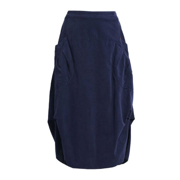 A navy corduroy skirt with side pockets and side tucks.