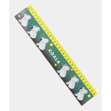 A ruler with moving images of koalas against a green background.