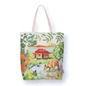 Tote bag with an illustrated kangaroo and nature scene design on a white background