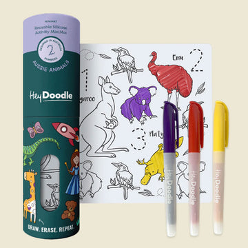 HeyDoodle Aussie Animals colouring set with markers and activity sheet on a beige background.