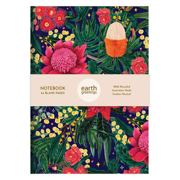 A notebook illustrated with flowers on a dark blue cover.