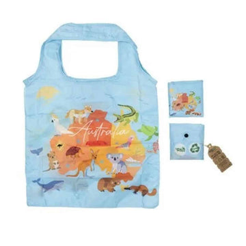Foldable shopping bag with Australian animals design on a white background.