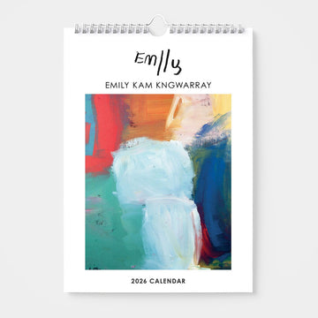 2026 calendar with artwork by Emily Kam Kngwarray with abstract art design on a white background.