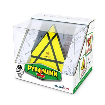 A triangle shaped puzzle inside a clear box with the heading 'Pyraminx Edge'.