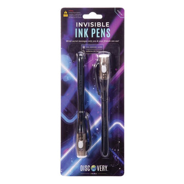 Two pens packaged to a blue and purple card titled 'Invisible Ink Pens'.