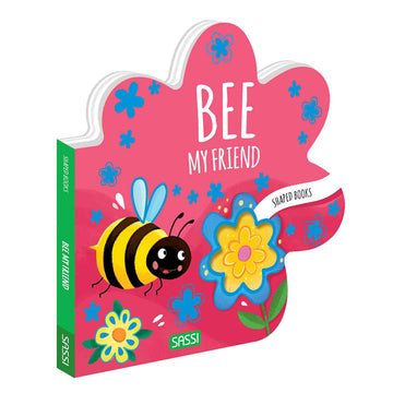 A board book shaped like a flower with an illustration of a bee and flowers on it.