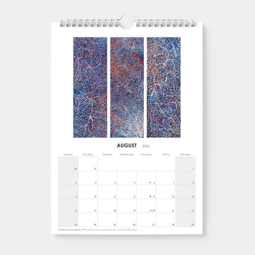 2026 calendar with artwork by Emily Kam Kngwarray with abstract art design on a white background.
