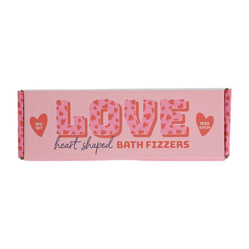 A pink rectangle box with the heading 'Love Heart Shaped Bath Fizzers'.