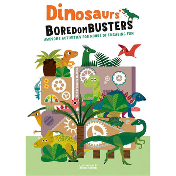 'Dinosaurs Boredom Busters' book cover featuring an illustration of lots of different dinosaurs surrounded by trees and boxes.