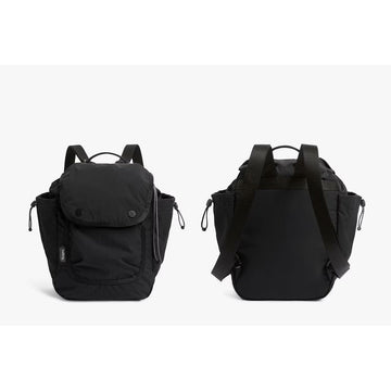 Black backpack with a bottle inside on a white background.