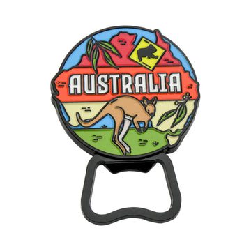 Colorful bottle opener with kangaroo design and 'Australia' text on a white background.