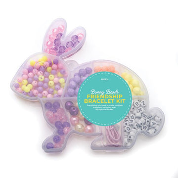 A clear bunny shaped container filled with beads for making friendship bracelets.