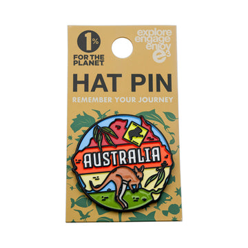 Hat pin with 'Australia' design on a branded card.