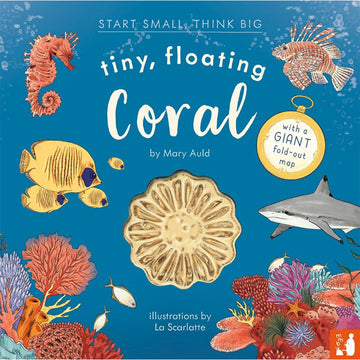 'Tiny Floating Coral' book cover featuring an illustration of sea life underwater including a seahorse, shark, fish and coral.